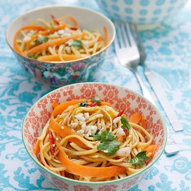 linguine tossed with stir fry vegetables and soy-almond butter sauce